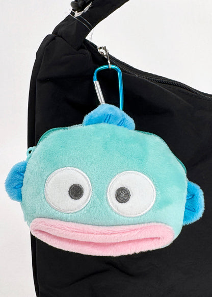 Sanrio Hangyodon Big Face Plush Mascot Carabiner in blue with soft Hangyodon face plush and functional carabiner clip — detail view