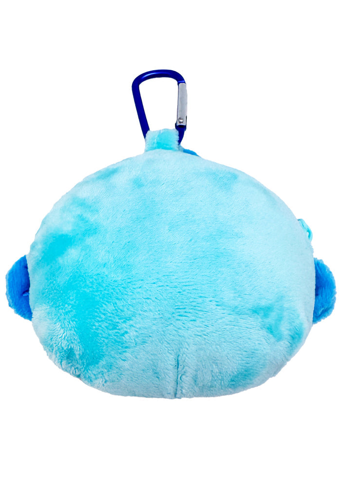 Sanrio Hangyodon Big Face Plush Mascot Carabiner in blue with soft Hangyodon face plush and functional carabiner clip — side view