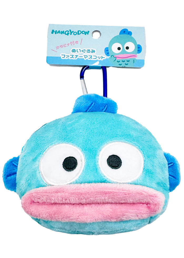 Sanrio Hangyodon Big Face Plush Mascot Carabiner in blue with soft Hangyodon face plush and functional carabiner clip — back view