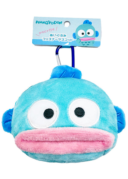 Sanrio Hangyodon Big Face Plush Mascot Carabiner in blue with soft Hangyodon face plush and functional carabiner clip — back view