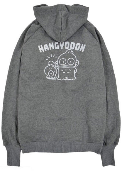 Sanrio Hangyodon Sherpa Zip Up Hoodie in charcoal with Hangyodon embroidery on sherpa-lined zip-up rave festival jacket — back view