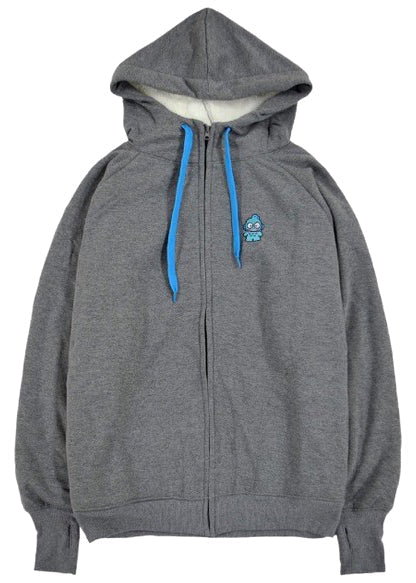 Sanrio Hangyodon Sherpa Zip Up Hoodie in charcoal with Hangyodon embroidery on sherpa-lined zip-up rave festival jacket — front view