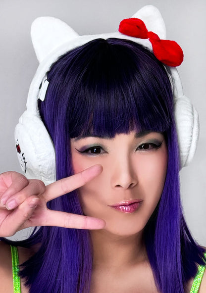Bioworld Sanrio Hello Kitty Foldable Cosplay Earmuff in white red with 3D Hello Kitty ears and red bow detail on kawaii rave festival hair accessory — model view