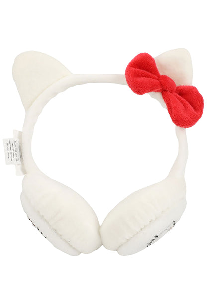 Bioworld Sanrio Hello Kitty Foldable Cosplay Earmuff in white red with 3D Hello Kitty ears and red bow detail on kawaii rave festival hair accessory — flat front view