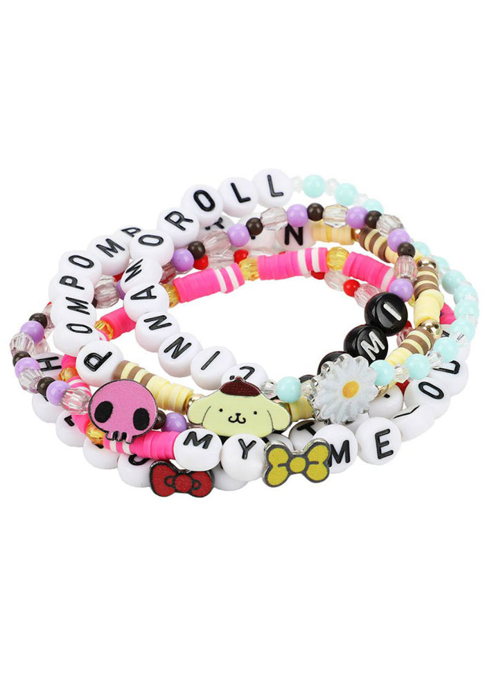 Bioworld Sanrio Hello Kitty and Friends 5pc Kandi Bracelet Set in multi with Hello Kitty Cinnamoroll Kuromi Pompompurin My Melody beaded rave festival bracelets — front view