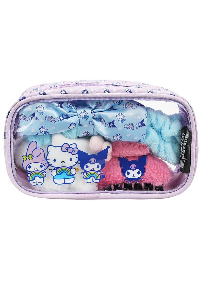 Bioworld Sanrio Hello Kitty and Friends Self Care Cosmetic 4PC Set in multi with Hello Kitty vinyl cosmetic bag, Kuromi hair clip, Hello Kitty scrunchie and hair band — front set view