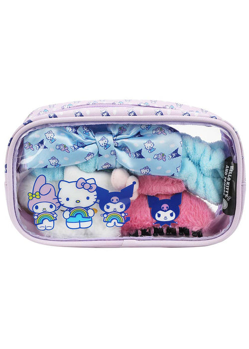Bioworld Sanrio Hello Kitty and Friends Self Care Cosmetic 4PC Set in multi with Hello Kitty vinyl cosmetic bag, Kuromi hair clip, Hello Kitty scrunchie and hair band — front set view