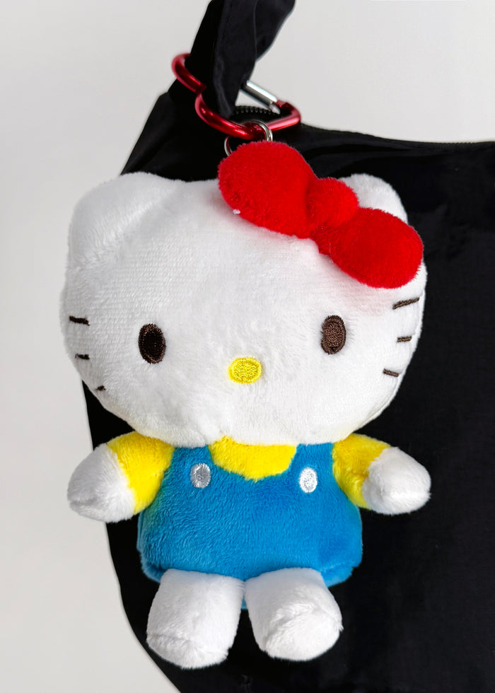 Sanrio Hello Kitty Plush Mascot Carabiner Pouch in white multi with 3D Hello Kitty plush on carabiner pouch festival accessory — model view