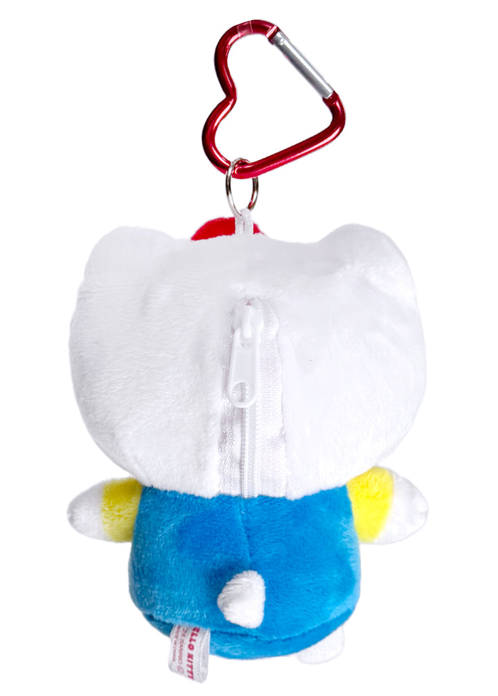 Sanrio Hello Kitty Plush Mascot Carabiner Pouch in white multi with 3D Hello Kitty plush on carabiner pouch festival accessory — back view