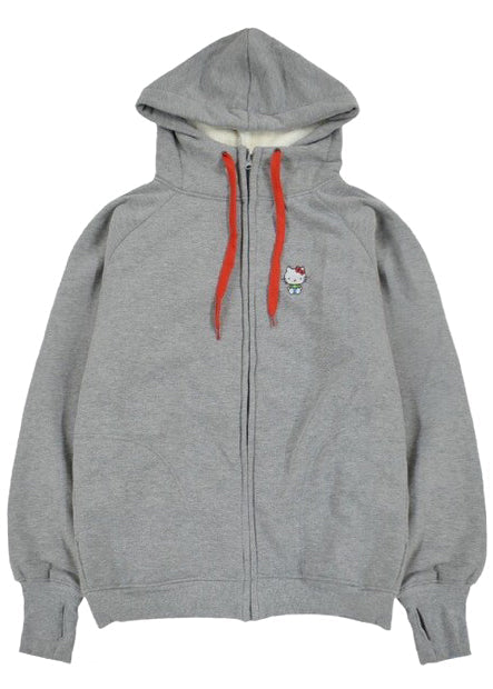 Sanrio Hello Kitty Sherpa Zip Up Hoodie in grey with Hello Kitty embroidery on sherpa-lined zip-up rave festival jacket — front view