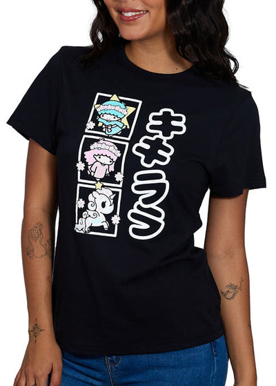 tokidoki x Sanrio Hello Kitty Twin Stars Cherry Stars Tee in black with Little Twin Stars Kiki and Lala graphic on cotton kawaii rave tee — side view