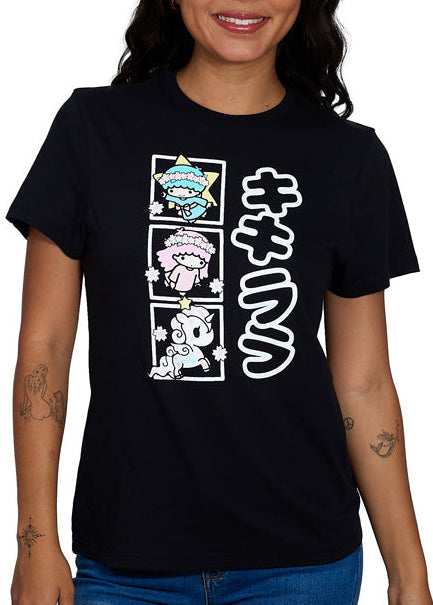 tokidoki x Sanrio Hello Kitty Twin Stars Cherry Stars Tee in black with Little Twin Stars Kiki and Lala graphic on cotton kawaii rave tee — front view