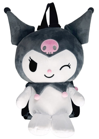 Sanrio Kuromi 3D Plush Backpack in multi with 3D shaped Kuromi plush on kawaii rave festival backpack — front view