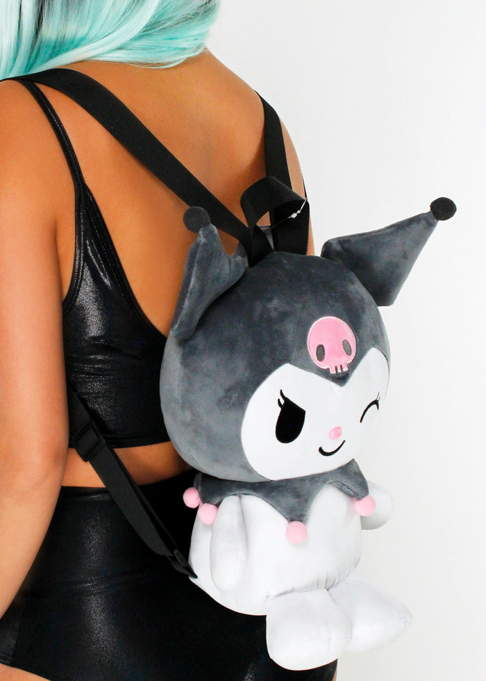 Sanrio Kuromi 3D Plush Backpack in multi with 3D shaped Kuromi plush on kawaii rave festival backpack — model side view