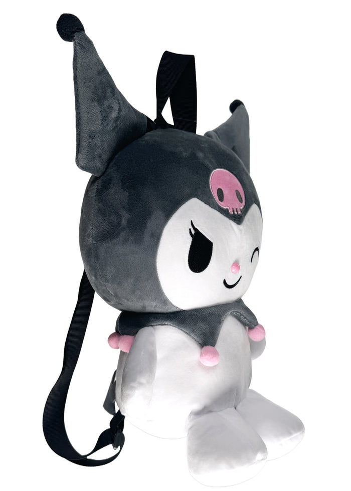 Sanrio Kuromi 3D Plush Backpack in multi with 3D shaped Kuromi plush on kawaii rave festival backpack — side view