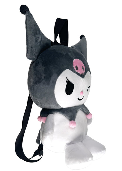 Sanrio Kuromi 3D Plush Backpack in multi with 3D shaped Kuromi plush on kawaii rave festival backpack — side view