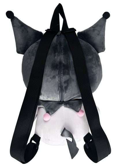 Sanrio Kuromi 3D Plush Backpack in multi with 3D shaped Kuromi plush on kawaii rave festival backpack — back view