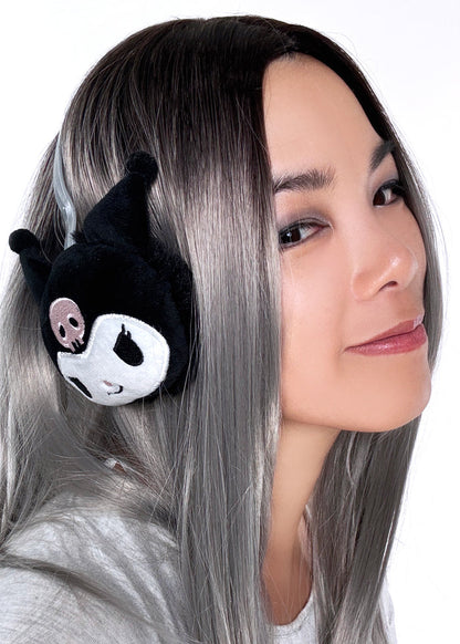 Sanrio Kuromi 3D Plush Earmuff in black with 3D Kuromi plush ear cups on rave festival earmuff accessory — model front view