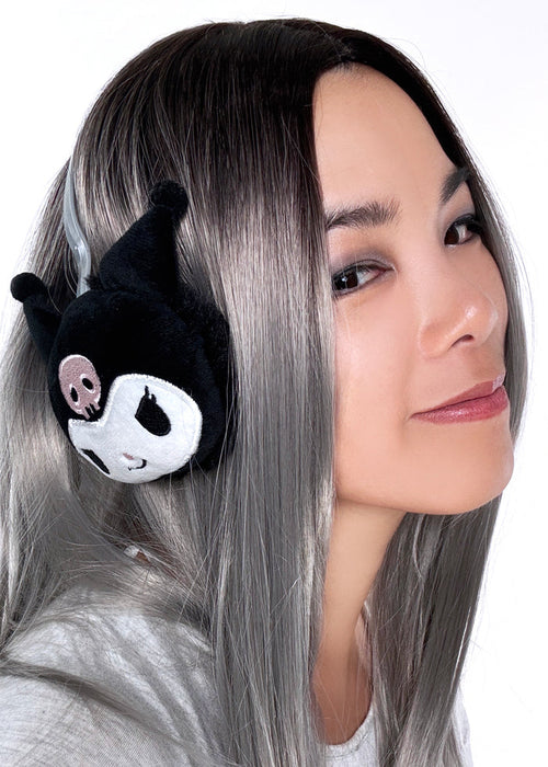 Sanrio Kuromi 3D Plush Earmuff in black with 3D Kuromi plush ear cups on rave festival earmuff accessory — model front view