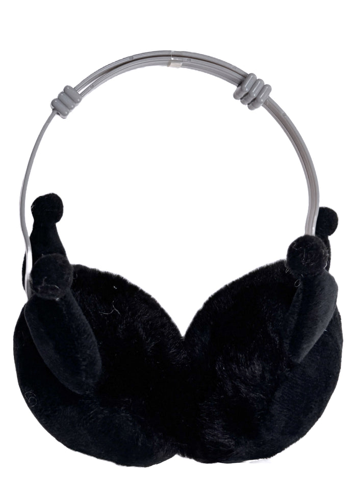 Sanrio Kuromi 3D Plush Earmuff in black with 3D Kuromi plush ear cups on rave festival earmuff accessory — flat view