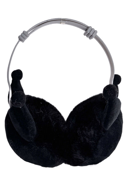 Sanrio Kuromi 3D Plush Earmuff in black with 3D Kuromi plush ear cups on rave festival earmuff accessory — flat view