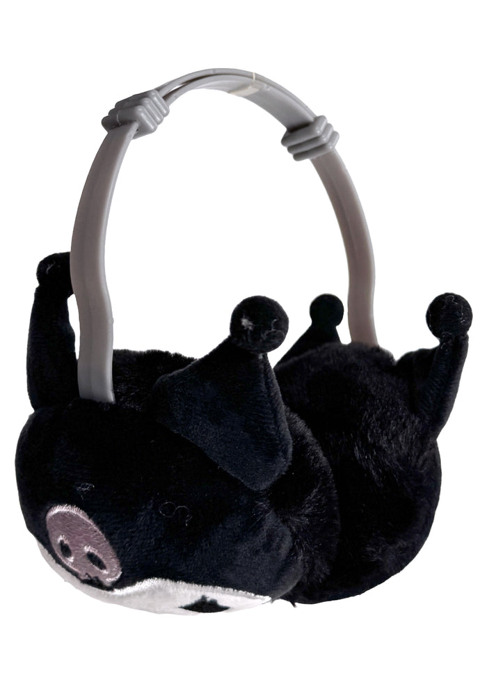 Sanrio Kuromi 3D Plush Earmuff in black with 3D Kuromi plush ear cups on rave festival earmuff accessory — front view