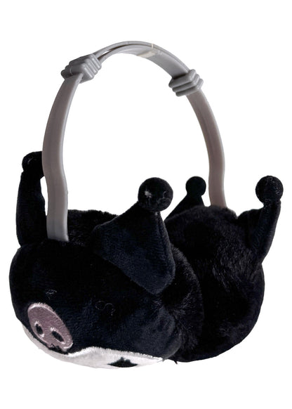 Sanrio Kuromi 3D Plush Earmuff in black with 3D Kuromi plush ear cups on rave festival earmuff accessory — front view