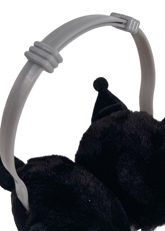 Sanrio Kuromi 3D Plush Earmuff in black with 3D Kuromi plush ear cups on rave festival earmuff accessory — plush detail view