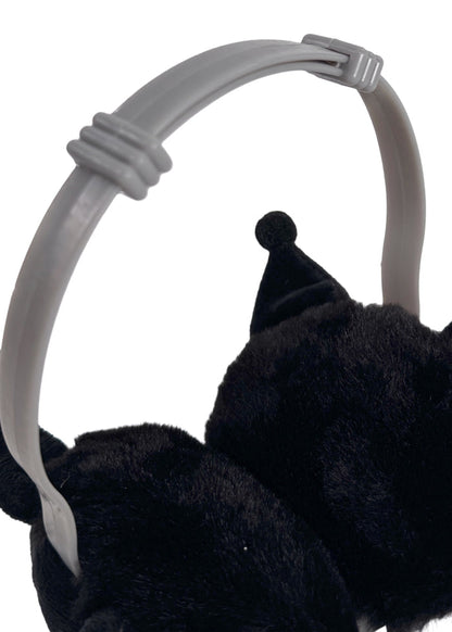 Sanrio Kuromi 3D Plush Earmuff in black with 3D Kuromi plush ear cups on rave festival earmuff accessory — plush detail view
