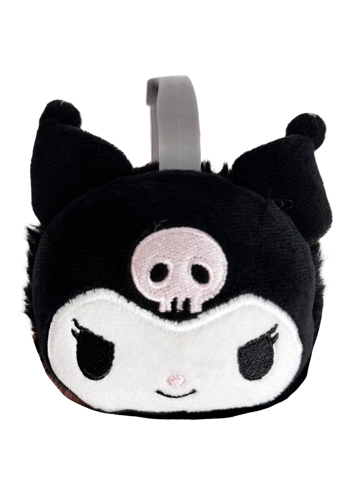 Sanrio Kuromi 3D Plush Earmuff in black with 3D Kuromi plush ear cups on rave festival earmuff accessory — side detail view