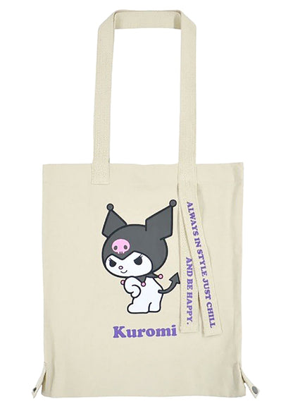 Sanrio Kuromi Convertible Canvas Tote in multicolor with Kuromi character print and convertible tote design — front view