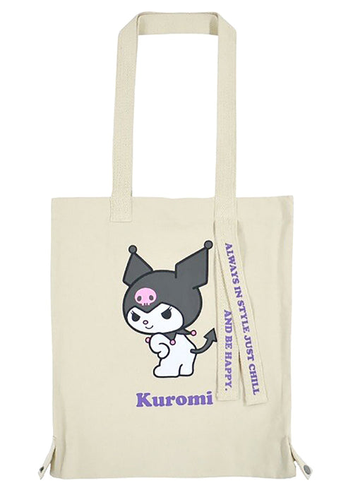 Sanrio Kuromi Convertible Canvas Tote in multicolor with Kuromi character print and convertible tote design — front view