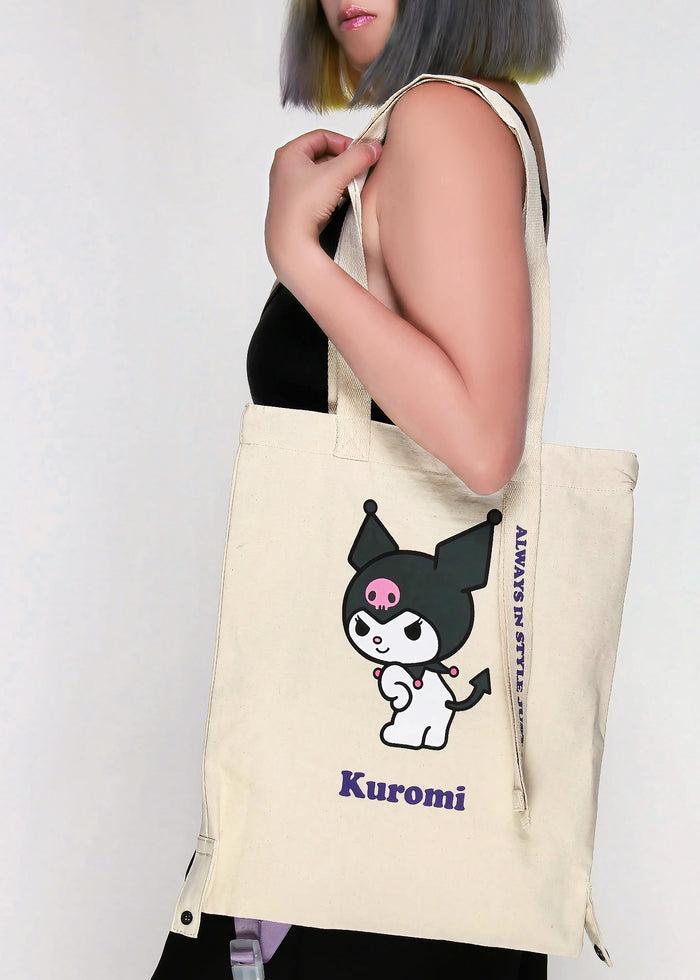 Sanrio Kuromi Convertible Canvas Tote in multicolor with Kuromi character print and convertible tote design — detail view