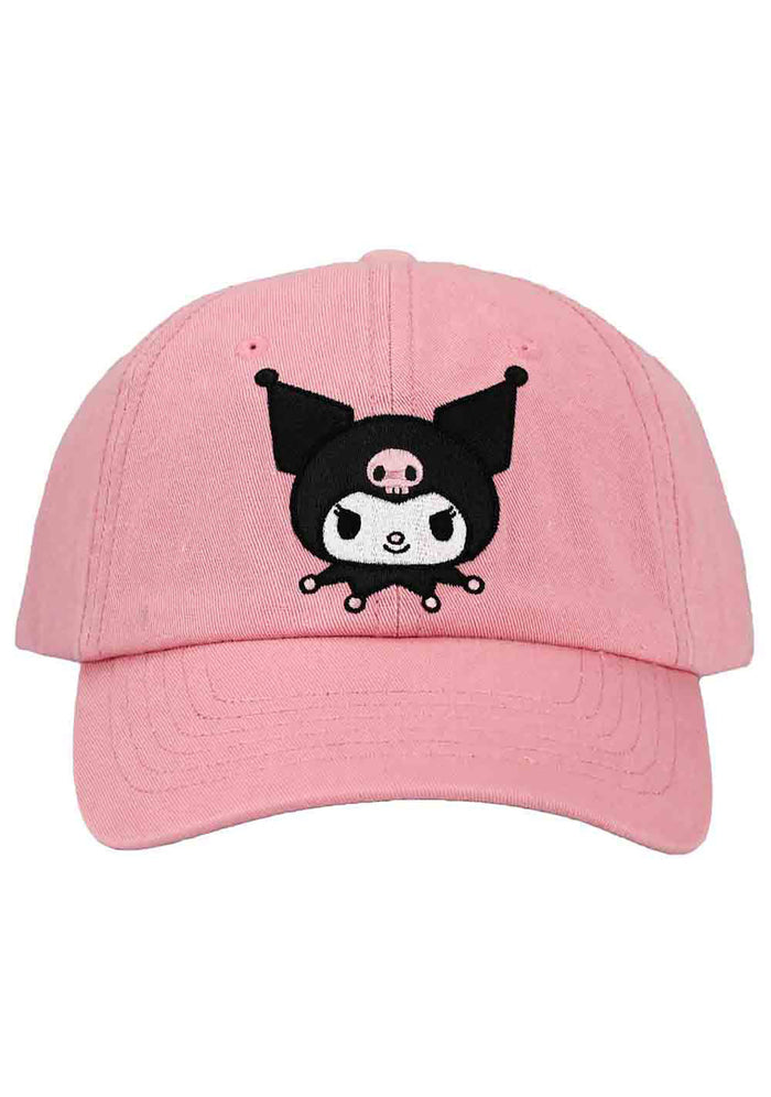 Bioworld Sanrio Kuromi Embroidered Raglan Hat in pink with embroidered Kuromi front detail on kawaii fandom rave festival hat — front view