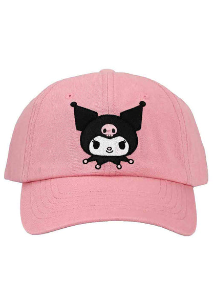 Bioworld Sanrio Kuromi Embroidered Raglan Hat in pink with embroidered Kuromi front detail on kawaii fandom rave festival hat — front view