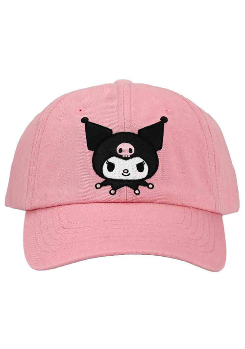 Bioworld Sanrio Kuromi Embroidered Raglan Hat in pink with embroidered Kuromi front detail on kawaii fandom rave festival hat — front view