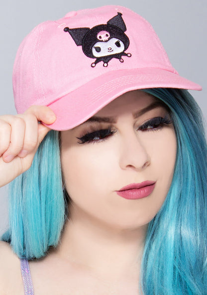 Bioworld Sanrio Kuromi Embroidered Raglan Hat in pink with embroidered Kuromi front detail on kawaii fandom rave festival hat — model view