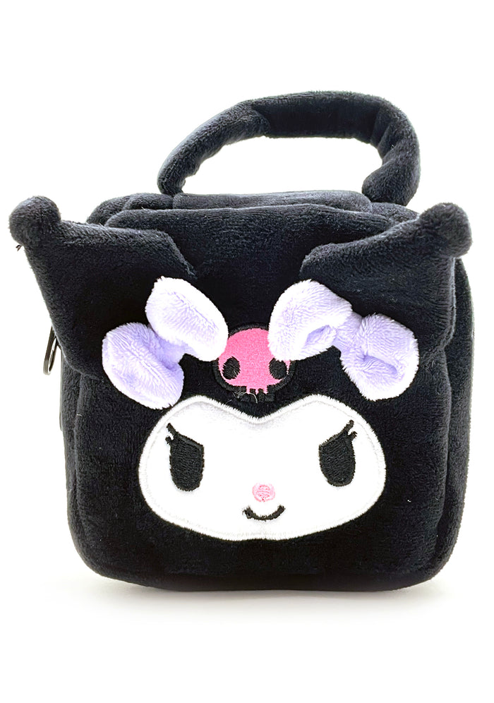 Sanrio Kuromi Face Square Plush Cosmetic Bag in black with full-front Kuromi face plush design and zipper closure — front view