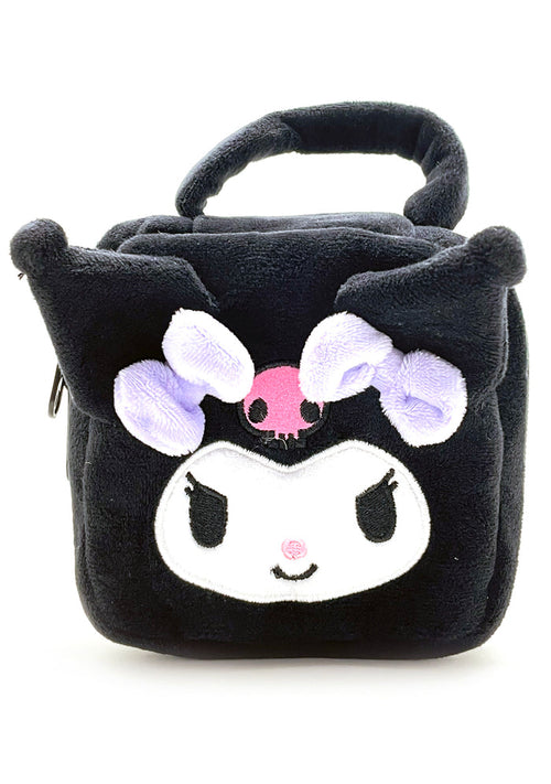 Sanrio Kuromi Face Square Plush Cosmetic Bag in black with full-front Kuromi face plush design and zipper closure — front view
