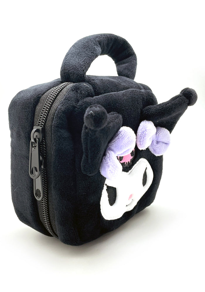 Sanrio Kuromi Face Square Plush Cosmetic Bag in black with full-front Kuromi face plush design and zipper closure — detail view