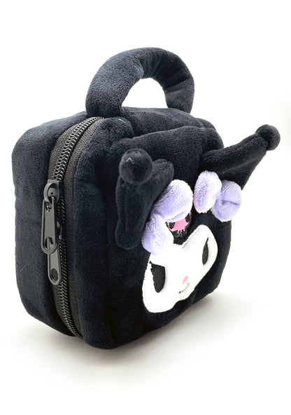 Sanrio Kuromi Face Square Plush Cosmetic Bag in black with full-front Kuromi face plush design and zipper closure — detail view