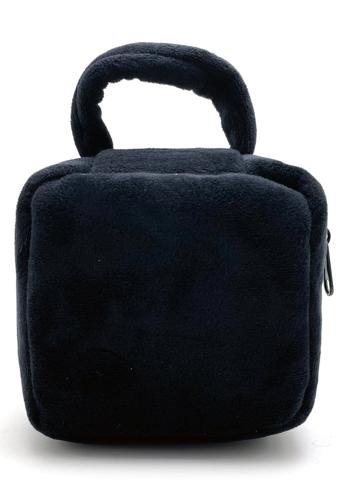 Sanrio Kuromi Face Square Plush Cosmetic Bag in black with full-front Kuromi face plush design and zipper closure — side view
