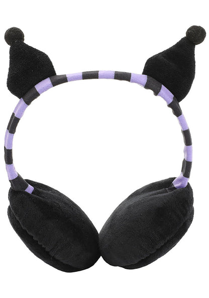Bioworld Sanrio Kuromi Foldable Cosplay Earmuff in black purple with 3D Kuromi ears and foldable microfleece design on kawaii rave festival hair accessory — flat front view