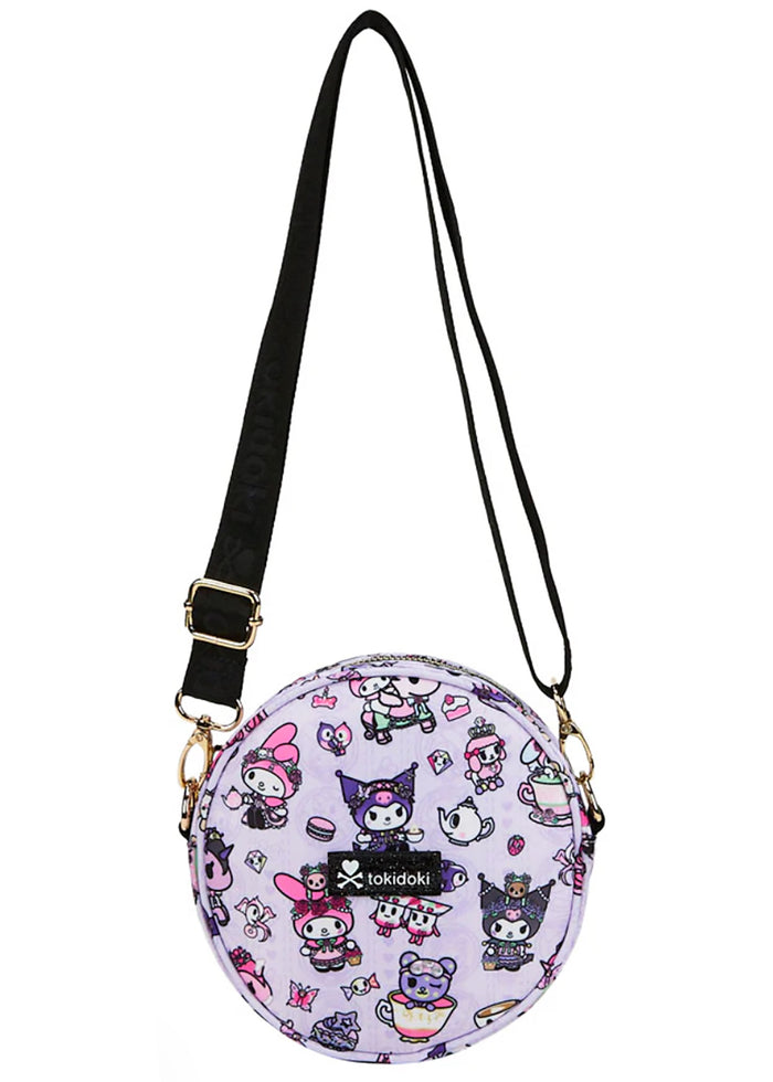 tokidoki x Sanrio Kuromi My Melody Garden Party Round Small Crossbody Bag in purple black with all-over Kuromi and My Melody tea party print on polyester rave crossbody bag — front view
