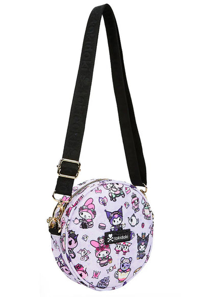 tokidoki x Sanrio Kuromi My Melody Garden Party Round Small Crossbody Bag in purple black with all-over Kuromi and My Melody tea party print on polyester rave crossbody bag — side view
