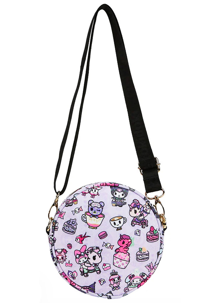 tokidoki x Sanrio Kuromi My Melody Garden Party Round Small Crossbody Bag in purple black with all-over Kuromi and My Melody tea party print on polyester rave crossbody bag — back view