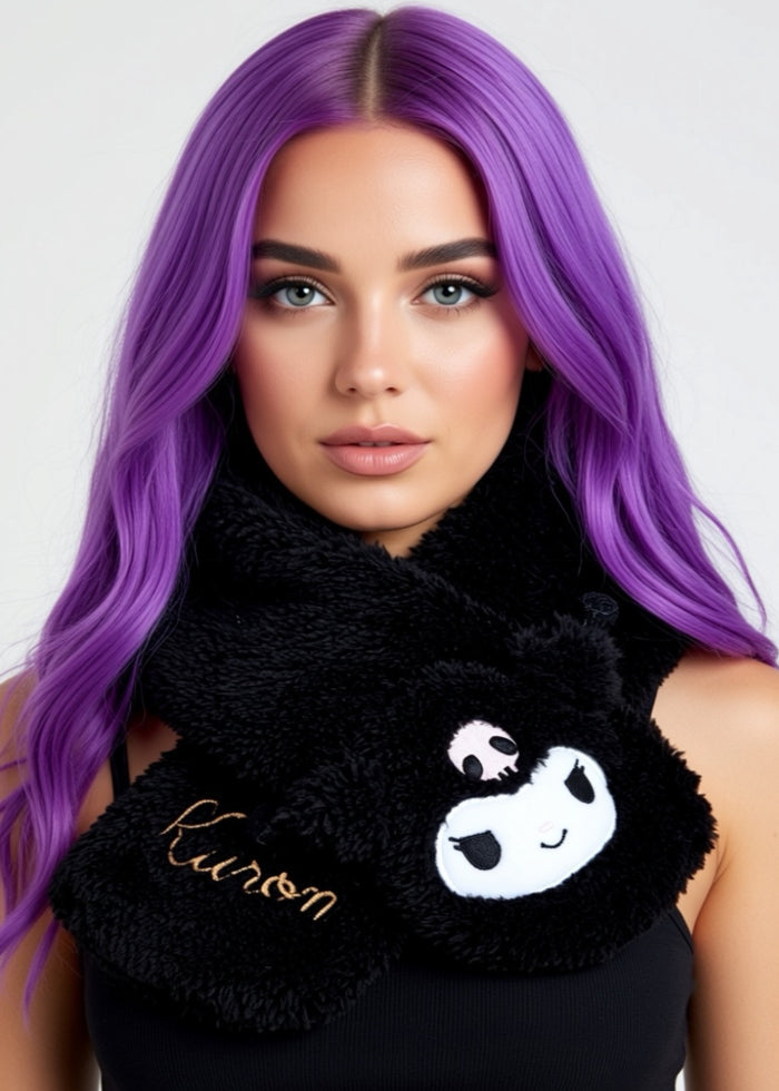 Sanrio Kuromi Plush Muffler Scarf in black with Kuromi plush face on knit muffler rave winter accessory — model view