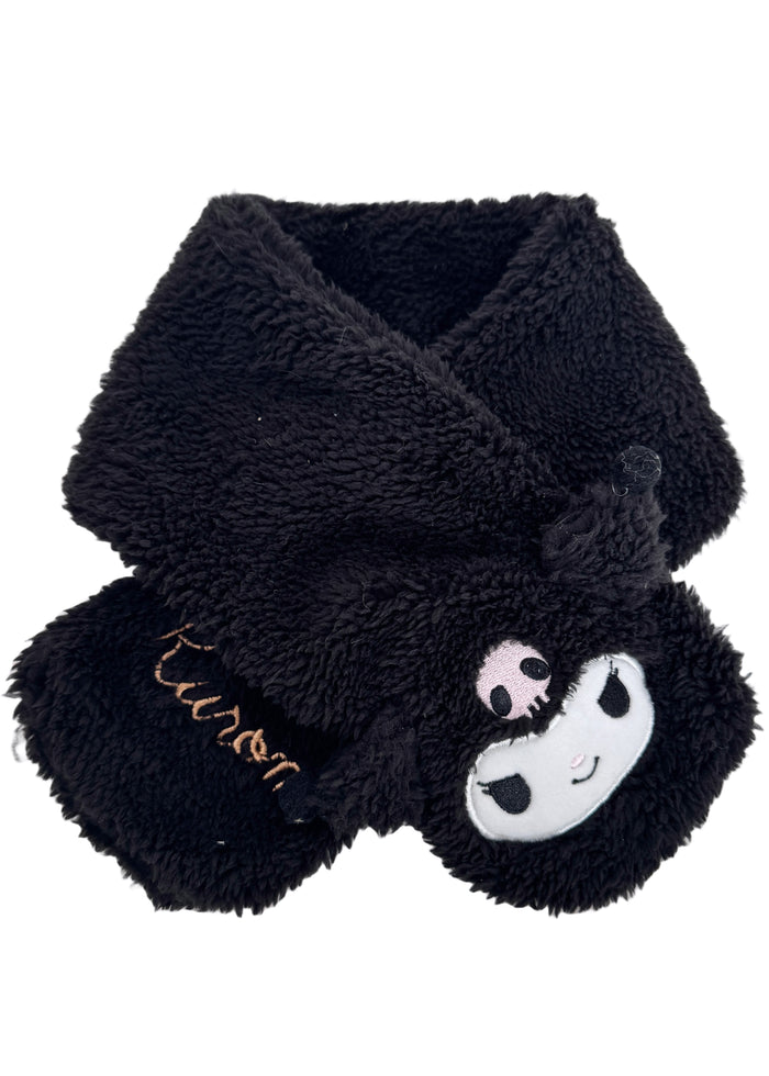 Sanrio Kuromi Plush Muffler Scarf in black with Kuromi plush face on knit muffler rave winter accessory — front view