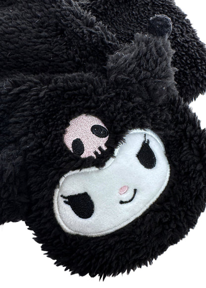 Sanrio Kuromi Plush Muffler Scarf in black with Kuromi plush face on knit muffler rave winter accessory — plush detail view