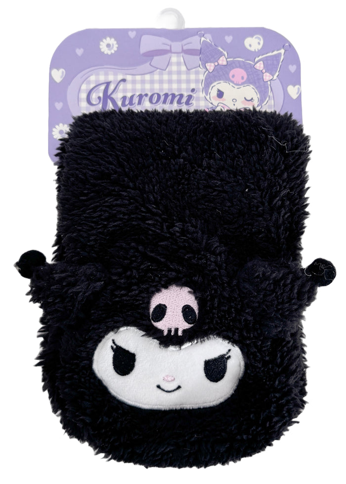 Sanrio Kuromi Plush Muffler Scarf in black with Kuromi plush face on knit muffler rave winter accessory — worn detail view